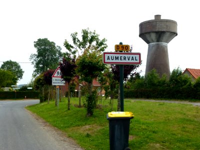 Aumerval (Pas-de-Calais, Fr) City limit sign and water tower