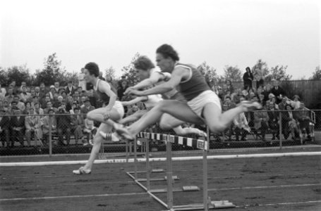 Athletiek Nederland tegen Oost-Duitsland Hordenlopen Gizele Birkmeyer, Bestanddeelnr 912-8350 photo