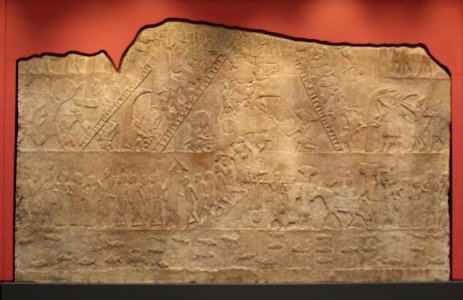 Assyrian siege of an Egyptian fort, probably a scene from the war in 667 BCE. Sculpted in 645 – 635 BCE, time of Ashurbanipal