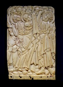 Ascension of Christ (fragment), Aachen, Court School of Charlemagne, early 800s, ivory - Hessisches Landesmuseum Darmstadt - Darmstadt, Germany - DSC00277