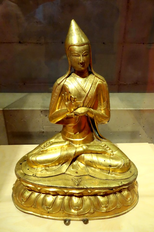 Atisha (982-1054), view 1, Tibet, c. 16th century, gilt bronze - Berkeley Art Museum and Pacific Film Archive - DSC04094