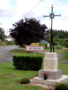 Attilly (Aisne) city limit sign and wayside cross photo