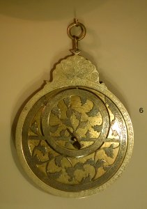 Astrolabe inscribed with reference to cities of Toos, Baghdad, Isfahan, and Shiraz, Iran, dated 1130 AH, 1752 AD, brass - Huntington Museum of Art - DSC04903