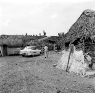 Auto bij drie cunucu-huisjes, waarschijnlijk op Curaçao, Bestanddeelnr 252-3440