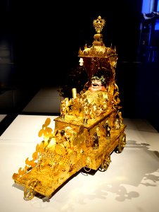 Automaton clock with Bacchus figure and case, Germany, Augsburg, late 1500s, iron, brass, gilt copper, cold painting, opals, glass stones, leather - Metropolitan Museum of Art - New York City - DSC07107