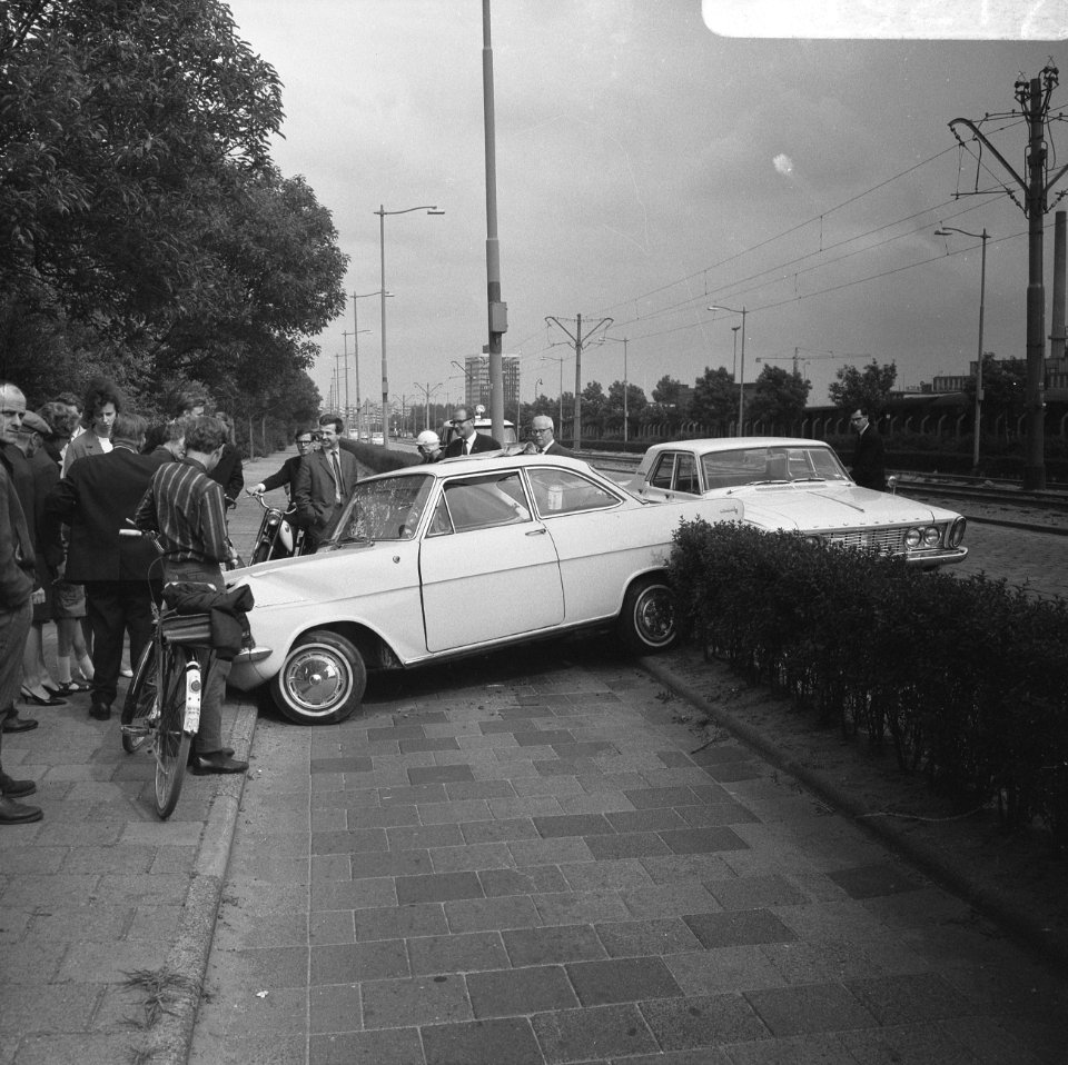 Auto door heg, het fietspad op te Rotterdam, Bestanddeelnr 919-2173