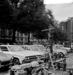 Autobewaker op Binnenhof te Den Haag geeft aanwijzingen op trap met behulp van s, Bestanddeelnr 916-8779