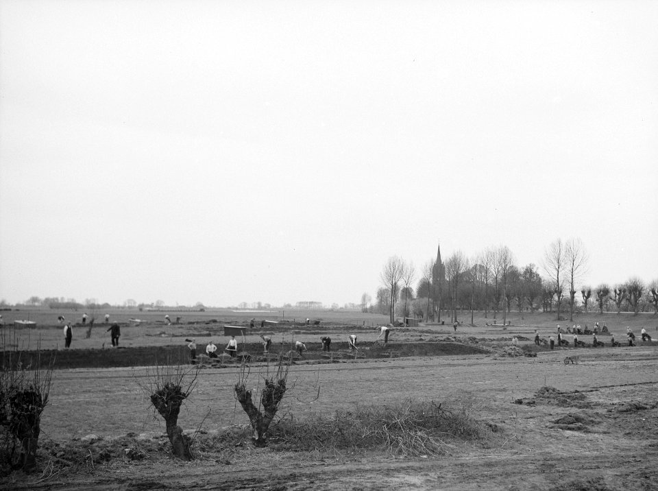 Arbeiders, werkzaamheden, rails, kipkarren, overzichten, Bestanddeelnr 253-6693