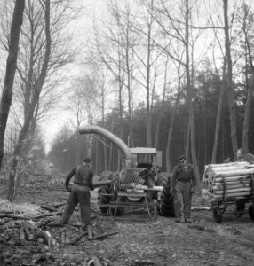 Arbeiders, bossen, werkzaamheden, boomstammen, landbouwmachines, werktuigen, bom, Bestanddeelnr 253-5002