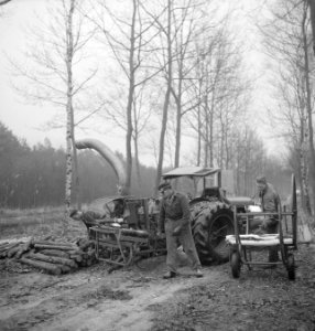 Arbeiders, bossen, werkzaamheden, boomstammen, landbouwmachines, werktuigen, bom, Bestanddeelnr 253-4999
