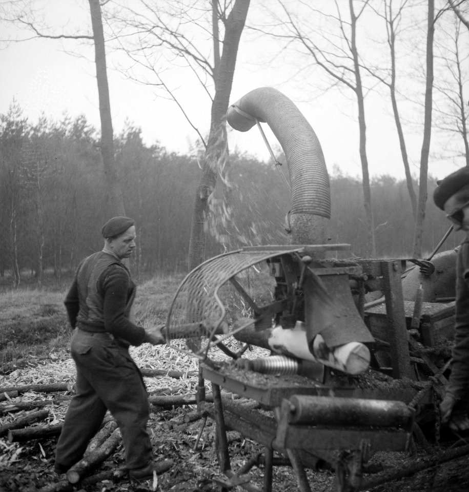 Arbeiders, bossen, werkzaamheden, boomstammen, landbouwmachines, werktuigen, bom, Bestanddeelnr 253-5000