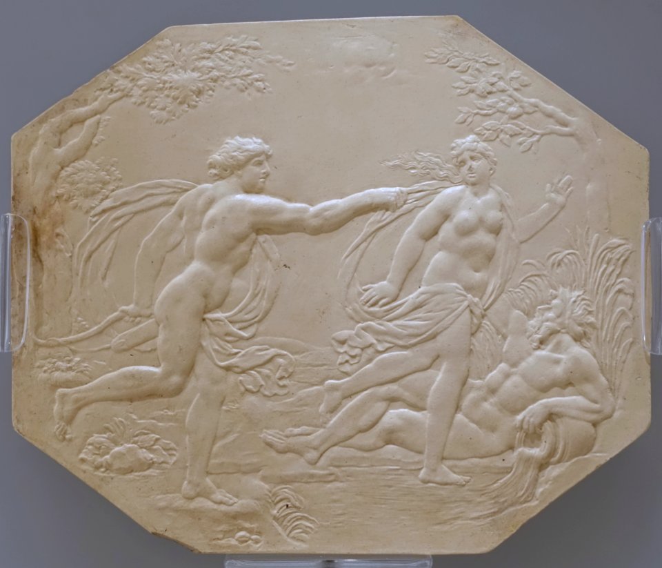 Architectural plaque of Daphne chased by Apollo, 1772-1775, moulded white terracotta - Wedgwood Museum - Barlaston, Stoke-on-Trent, England - DSC09696