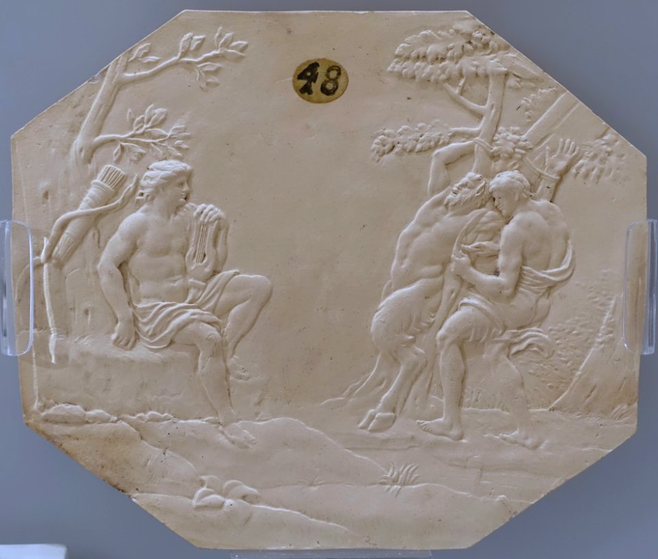 Architectural plaque of the Flaying of Marsyas, 1772-1775, moulded white terracotta - Wedgwood Museum - Barlaston, Stoke-on-Trent, England - DSC09698