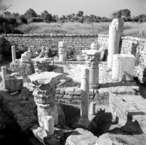 Archeologische vondsten, waaronder beeldhouwwerk en delen van zuilen, opgesteld , Bestanddeelnr 255-1464