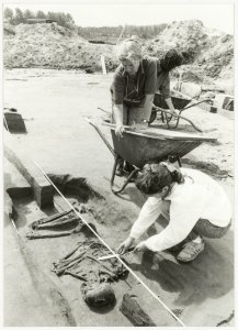 Archeolologen van het I.P.P. vinden een 4000 jaar oud skelet uit de Late Steentijd in een graf nabij de Slaperdijk. NL-HlmNHA 54026315