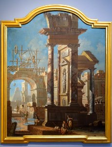 Architectural caprice with men repairing an arch, by Pietro Paltronieri and Vittorio Maria Bigari (figures), c. 1725, tempera on canvas - Portland Art Museum - Portland, Oregon - DSC09060