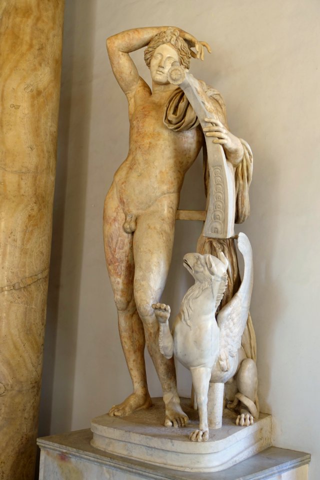 Apollo with cythara, S 736, view 2, Roman, Tivoli, 117-138 AD, marble, from the Apollo Lycaeus of Praxiteles, 340-330 BC - Musei Capitolini - Rome, Italy - DSC06076
