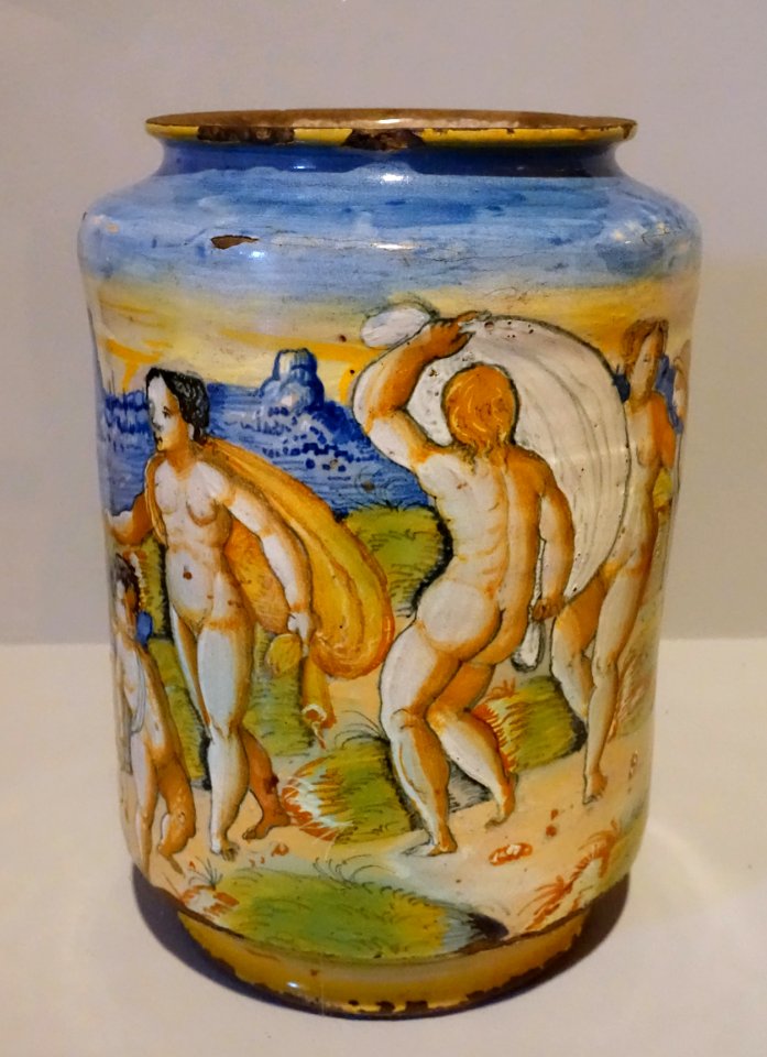 Apothecary jar (albarello) depicting the Judgment of Paris, Patanazzi Family, Italy, c. 1580, tin-glazed earthenware - Krannert Art Museum, UIUC - DSC06368