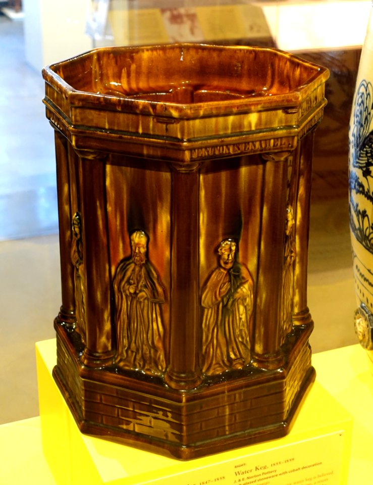 Apostle Water Cooler, United States Pottery Company, 1847-1858, earthenware with flint enamel glaze - Bennington Museum - Bennington, VT - DSC08940