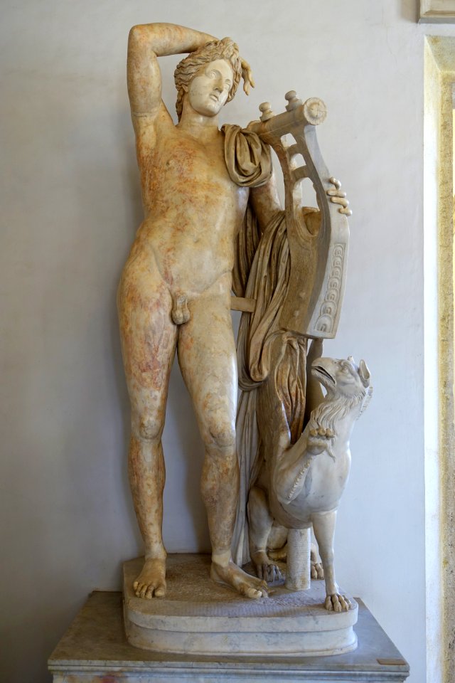 Apollo with cythara, S 736, view 1, Roman, Tivoli, 117-138 AD, marble, from the Apollo Lycaeus of Praxiteles, 340-330 BC - Musei Capitolini - Rome, Italy - DSC06073