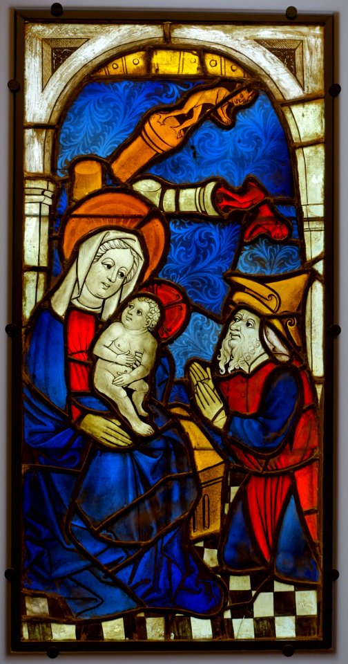 Aphrodisius worshipping the Child, from the Pfarrkirche in Partenheim, Middle Rhine, c. 1440, stained and painted glass - Hessisches Landesmuseum Darmstadt - Darmstadt, Germany - DSC00138
