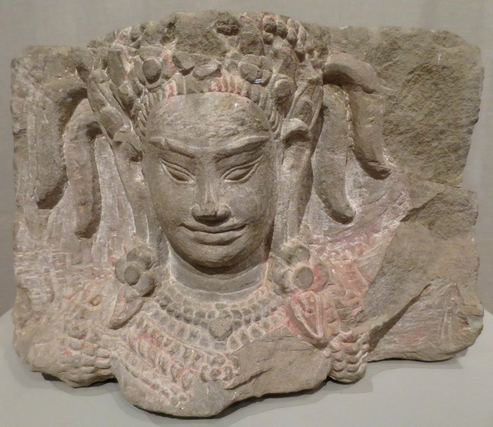 Apsara head from Cambodia, Angkor kingdom, Bayon style, 12th century, sandstone, HAA