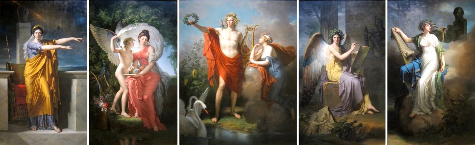 Apollo and the Muses, oil on canvas pentyptych by Charles Meynier, Cleveland Museum of Art
