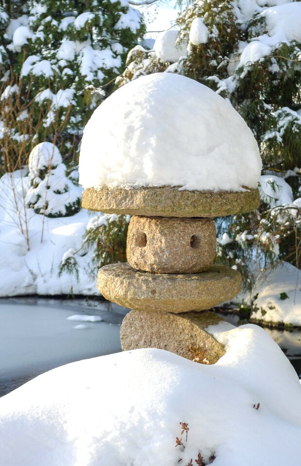 Stone lantern winter pond