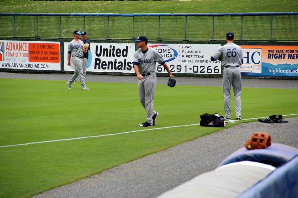Asheville Tourists players warming up, May 30 2018 2