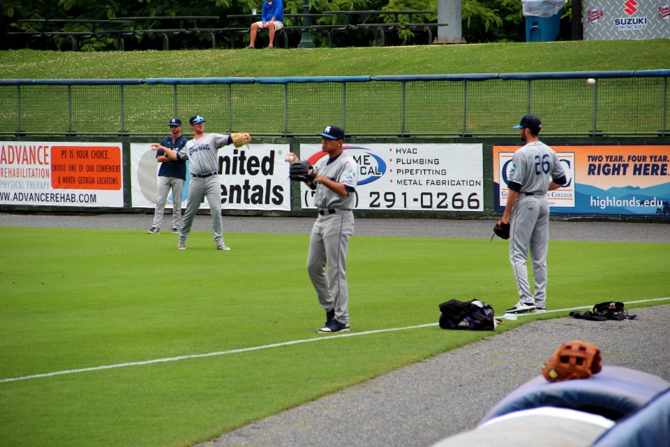 Asheville Tourists players warming up, May 30 2018 1