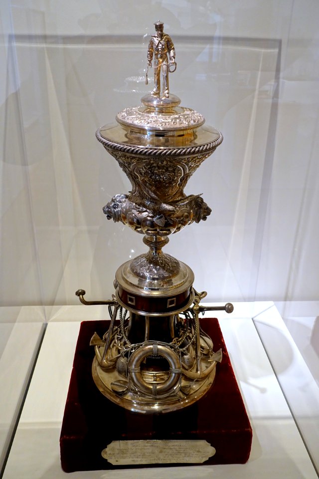 Arthur H. Clark trophy, by Lewis E. Jenks, Boston, c. 1875, silver plate, wood, velvet - Peabody Essex Museum - DSC06926