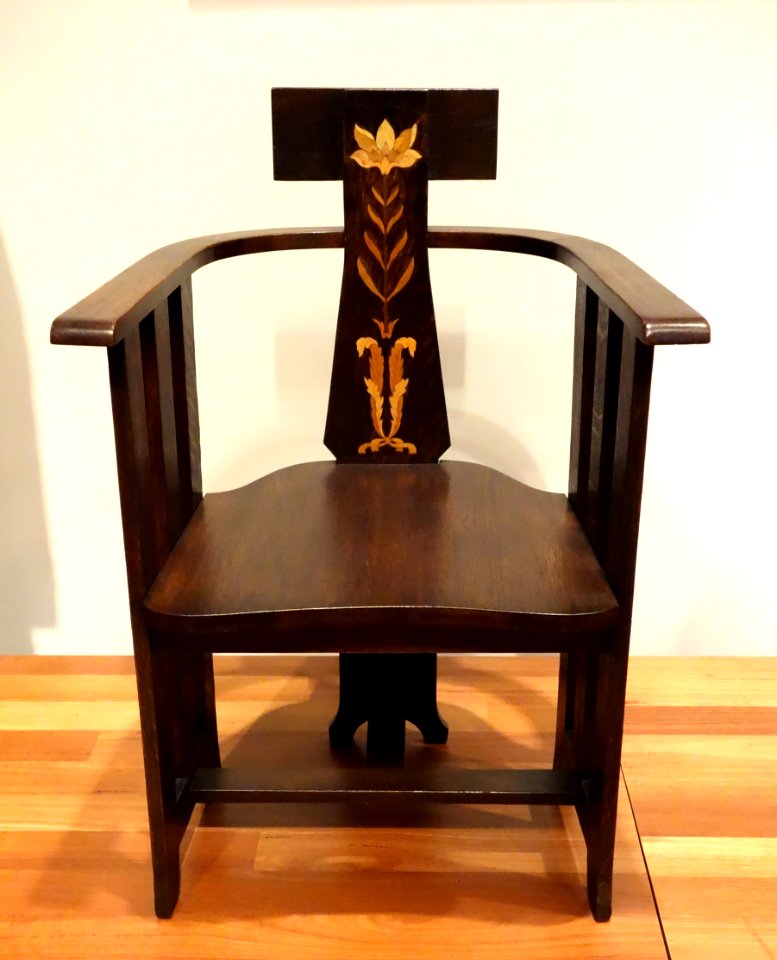 Armchair, designed by Timothy A. Conti, made by Stickley Brothers Co., c. 1901, oak with fruitwood inlay - De Young Museum - DSC00711