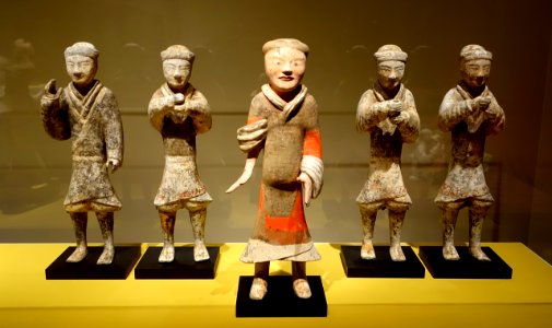 Armed warrior, soldier, and three musicians, Yangjiawan, Xianyang, Shaanxi province, China, Western Han dynasty, c. 150 BC, earthenware, traces of pigments - Portland Art Museum - Portland, Oregon - DSC08524