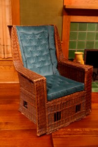 Armchair, Gustav Stickley, Craftsmen Workshops, designed c. 1913, made c. 1913-1916, willow and replacement upholstery - Dallas Museum of Art - DSC05187