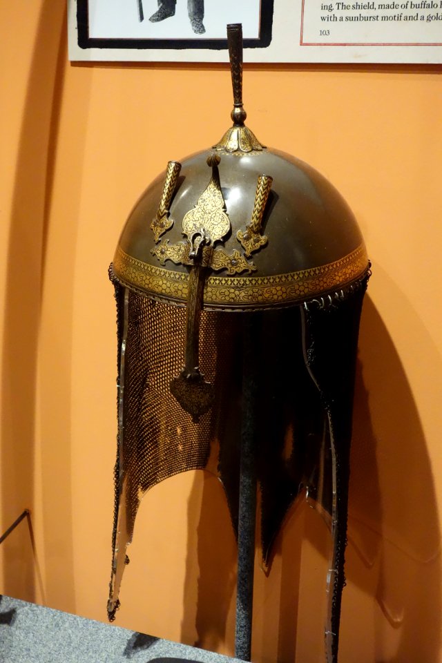 Armor, North India, similar to that worn by Ghorchurra cavalry, 19th century, view 1 (helmet) - Glenbow Museum - DSC00638