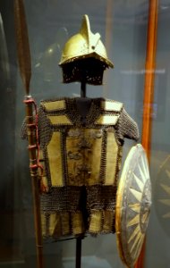 Armor, helmet, shield, and spear (budiak), Moro, Philippines, water buffalo horn, wood, brass, silver - Pacific collection - Peabody Museum, Harvard University - DSC06027