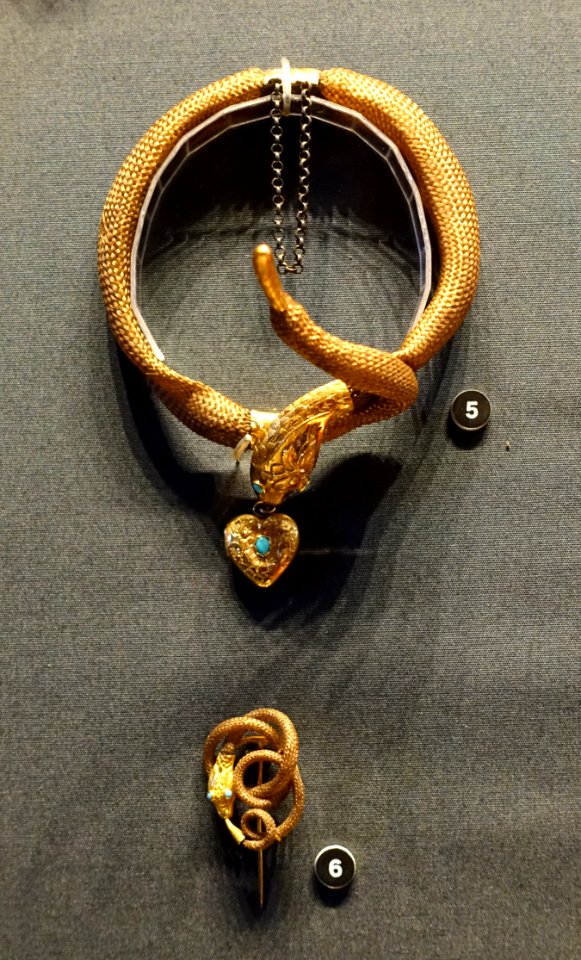Armband by Gustaf Magnus Sjoblom, M Harling, Stockholm, 1842, and Brooch, mid 1800s, both made of human hair, gold, turquoise - Nordiska museet - Stockholm, Sweden - DSC09718