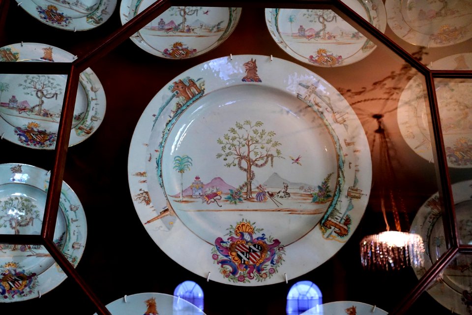 Armorial plate, dinner service made in Jingdezhen, China, decorated in Canton, c. 1743-1747 - Verandah Room - Shugborough Hall - Staffordshire, England - DSC00436