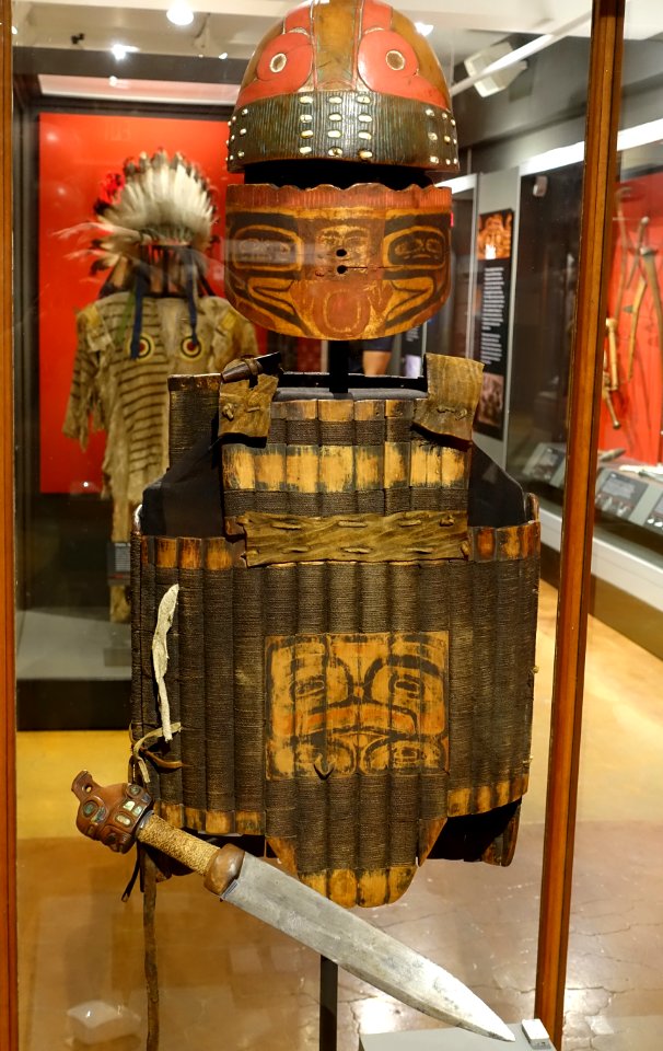Armor, helmet, visor, and dagger, Tlingit, Alaska, wood, twine, leather, imported steel - Native American collection - Peabody Museum, Harvard University - DSC05990