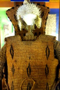 Armor and helmet, Gilbert Islands, late 1800s, woven coconut fiber, blowfish skin, view 1 - Fairbanks Museum and Planetarium - DSC04306