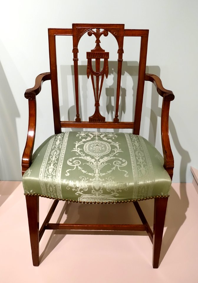 Armchair by James Woodward, Norfolk, Virginia, 1803, mahogany, ash, poplar, silk, urn - Dallas Museum of Art - DSC04764