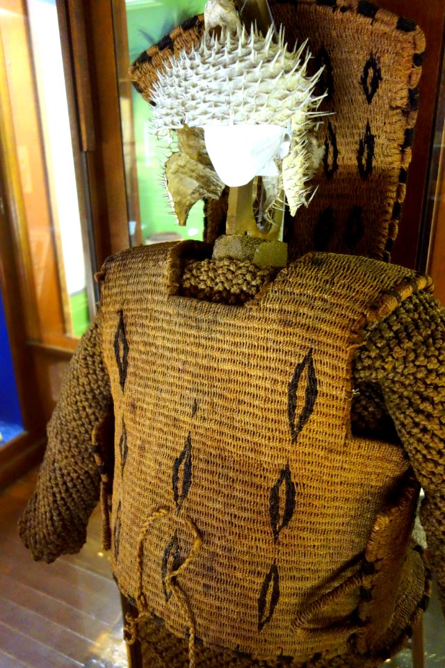 Armor and helmet, Gilbert Islands, late 1800s, woven coconut fiber, blowfish skin, view 3 - Fairbanks Museum and Planetarium - DSC04311