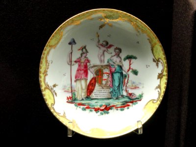 Armorial coffee saucer from the Edmund Burke service, 1774, Bristol China Manufactory, hard-paste porcelain, overglaze enamels, gilding - Gardiner Museum, Toronto - DSC00760