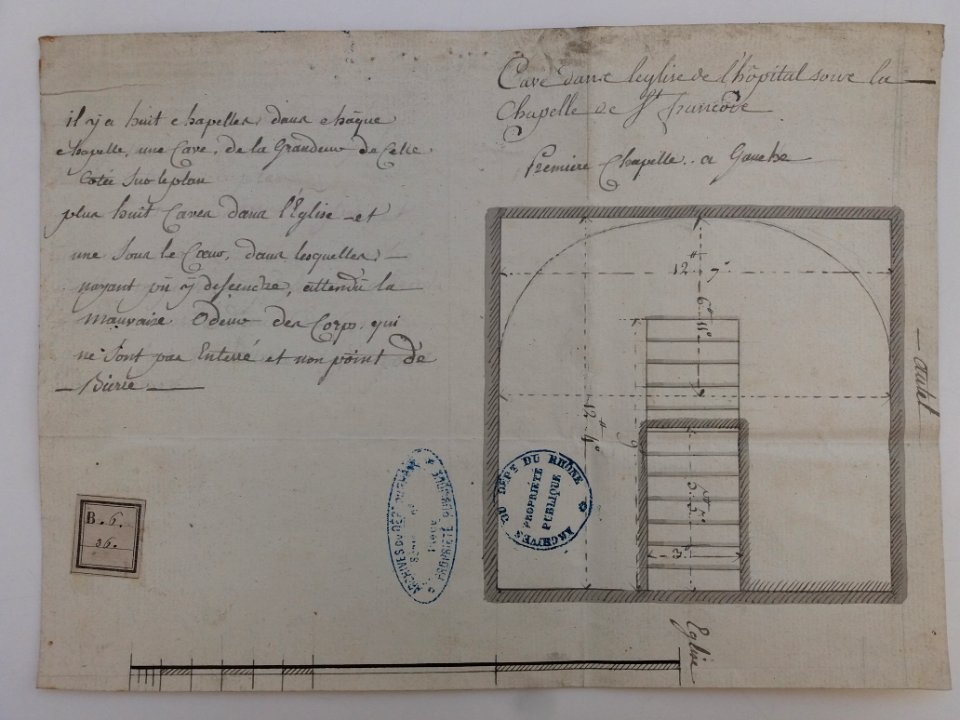 Archives du Rhône - Visites des vingt cimetières de la ville de Lyon et de ses Faubourgs, hôpital de la Charité, plan de la cave sous la chapelle Saint-François