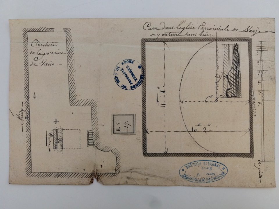 Archives du Rhône - Visites des vingt cimetières de la ville de Lyon et de ses Faubourgs, église de Vaise, plan du cimetière et de la cave
