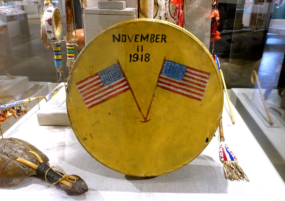 Armistice Day hand drum, United States, c. 1918, rawhide, steel, copper, cotton, paint - Spurlock Museum, UIUC - DSC05921