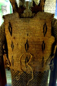 Armor and helmet, Gilbert Islands, late 1800s, woven coconut fiber, blowfish skin, view 2 - Fairbanks Museum and Planetarium - DSC04309