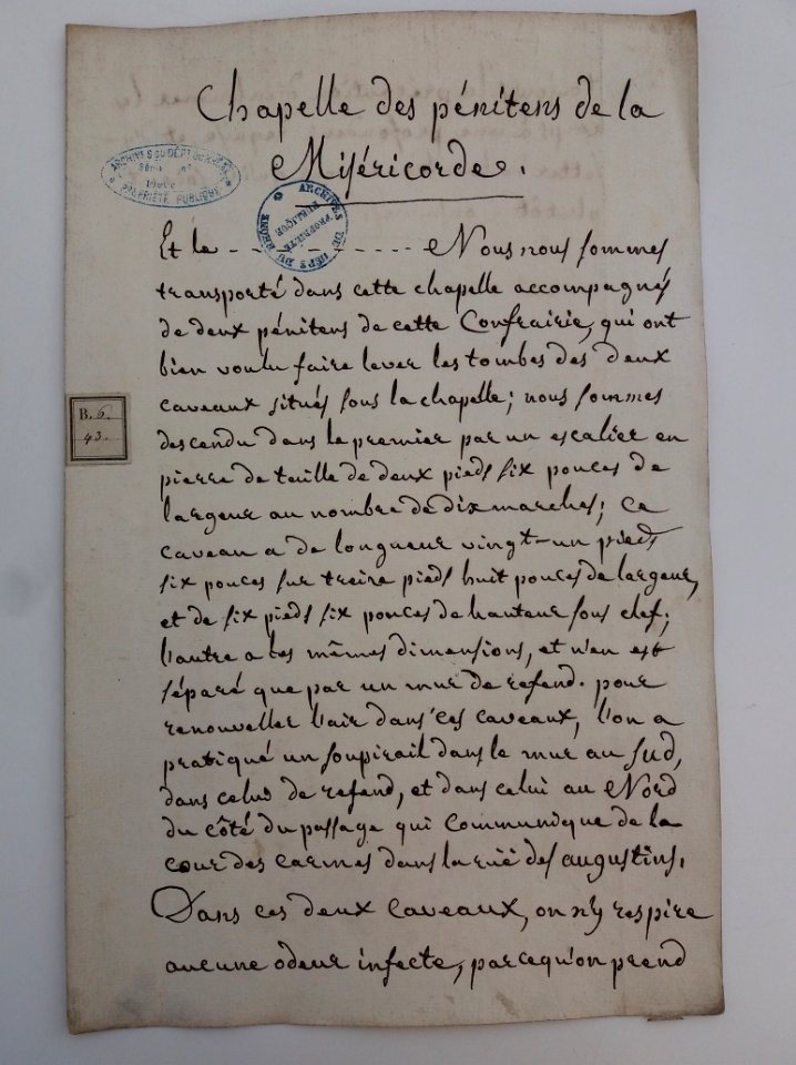 Archives du Rhône - Visites des vingt cimetières de la ville de Lyon et de ses Faubourgs, chapelle des Pénitents de la Miséricorde, rapport (1)