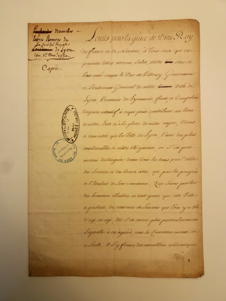 Archives du Rhône - 6D1 - Nouvelles lettres patentes de la Société Royale de Lyon du 1er Nov 1750 (1)
