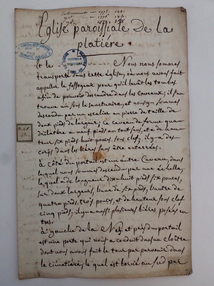 Archives du Rhône - Visites des vingt cimetières de la ville de Lyon et de ses Faubourgs, église paroissiale de la Platière, rapport (1)